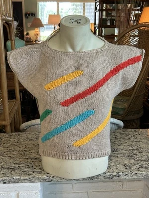 Vintage 80s Russ Women’s M Knit Sweater Vest Sleeveless Cap Sleeve Rainbow Tan - Image 1 of 4