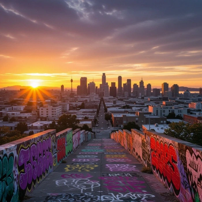 Graffiti Murals Cityscape Skyline Metropolis Sunset Street Poster A 24 x 24 in - Image 1 of 1