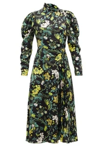 Erdem Irwin Pleated Floral Silk - Satin Midi Dress Black & Green Print  UK 12 - Picture 1 of 23
