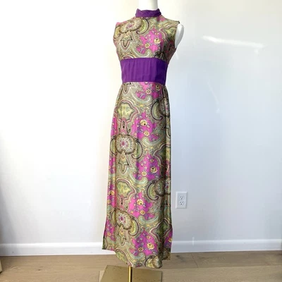 Maxi Vestido Psicodélico Cuello Alto Paisley Años 60 De Colección Top Fiesta Funky Mod Foto 1 de 4