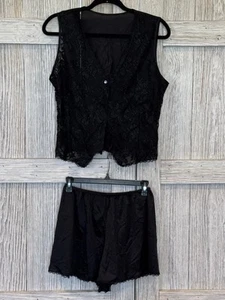 Colesce Collection Vtg Lingerie Lace Vest & Shorts Large Black Sheer Floral - Picture 1 of 4