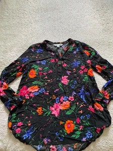 Camisa túnica Henley manga larga floral rayón azul marino antigua para mujer multicolor talla L - Imagen 1 de 10