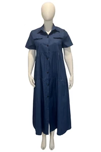 Blue Cotton Denim Plus Size Dress with Short Sleeves Long Plus Size Dress Maxi - Picture 1 of 12