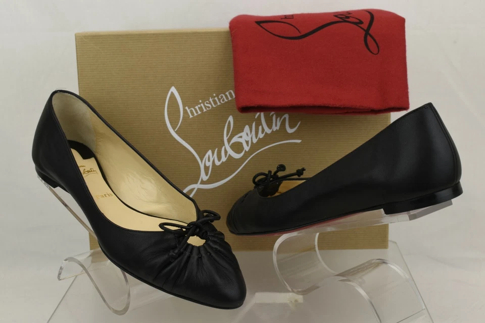 Louboutin 36.5 Merimee Black Leather Ballerina Ballet Flats Almond Toe Bow