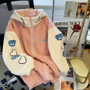 Cartoon Bear Embroidered Lamb Fur Coat thick hoodie with cashmere for women - Picture 1 of 6