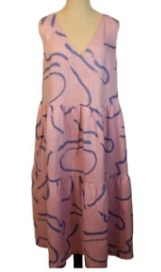 Gorman Size 10 Pale Mauve Pink Sky Blue Geometric Sleeveless Hemp Maxi Dress
