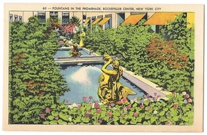 FOUNTAINS in the Promenade ROCKEFELLER CENTER New York City Postcard NY Linen - Picture 1 of 2