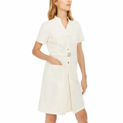 NUEVO VESTIDO CAMISERO ANNE KLEIN PARA MUJER DE PANA CON CINTURÓN Y CUELLO TEDO Foto 1 de 2