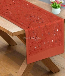Indian Cotton Table Runner Mirror Orange Embroidered Small Coffee Table Cover - Foto 1 di 7