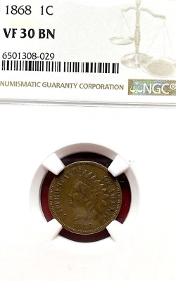 NGC VF-30! 1868 INDIAN HEAD CENT, BN - Image 1 of 3