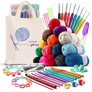 73 Pcs Beginners Crochet Kit Hooks Yarn Set Accessories Kit Canvas Tote Bag - Picture 1 of 12