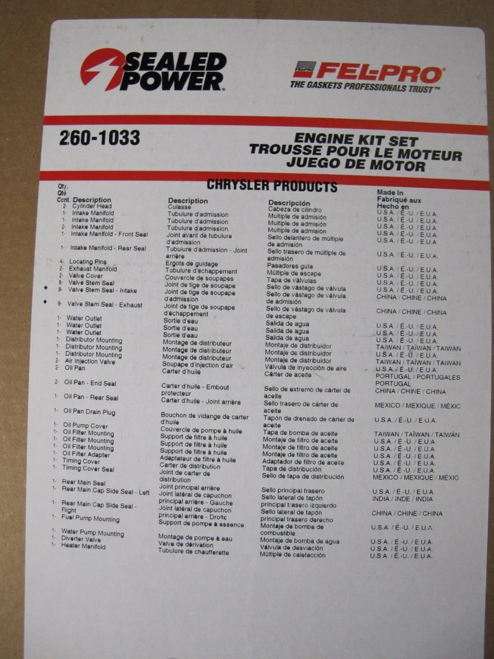 Kit de reconstrucción de junta de revisión Fel Pro 260-1033 Mopar 360 Dodge Plymouth Chrysler Foto 1 de 1