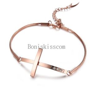 Rose Gold Tone Stainless Steel Snake Chain Sideways Cross Ladies Bracelet Gifts