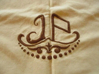 Drap N°79 jaune en coton monogramme marron JP  228 X 295 Cm + 2 taies d'oreiller - Photo 1/4