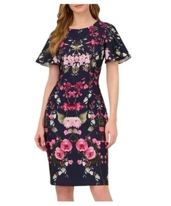 "Nuevo Vestido Floral ADRIANNA PAPELL Azul Marino Multicolor Talla 2 $149 P2P 16""" - Imagen 1 de 8
