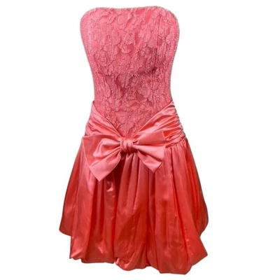 VTG 80s SCARLETT NITE Womens Dress (8) Pink Lace Satin Prom Mini Bow ILGWU USA - Image 1 of 4