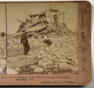 Lucas Terrasse Wo 51 Menschen begraben lagen, Galveston Hurricane Stereoview Karte - Bild 1 von 4