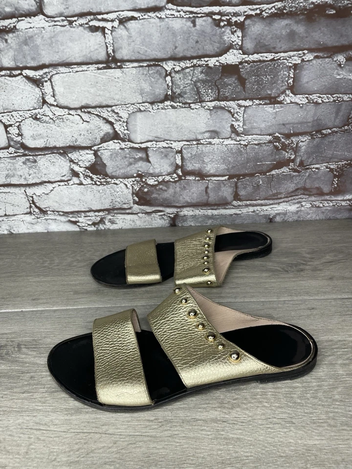 Lanvin Gold Leather Straps Flats Slides Studded Sandals Women’s Sz 39EU/8.5M US - Image 1 of 4