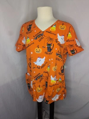 Camisa Médica Mujer Halloween Pequeña Negra Gato Calabaza Jack o Linterna Naranja Foto 1 de 4