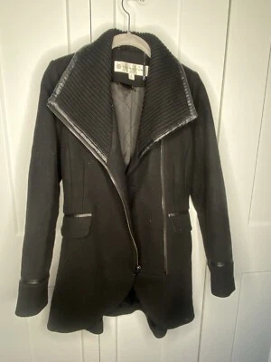 Trina Turk черный шерсти смесь кожи отделки капот шеи пальто женский размер 0 - Изображение 1 из 4