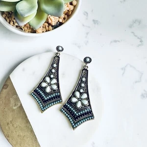 Blue Stone Bohemian Floral Dangle Earrings NEW Bali Boho - Picture 1 of 4