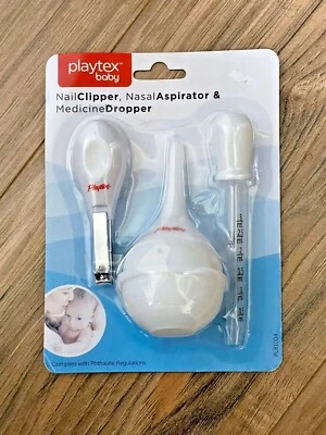 Cortador de unhas Playtex bebê, aspirador nasal e conta-gotas remédios 3 peças / NOVO - Imagem 1 de 2