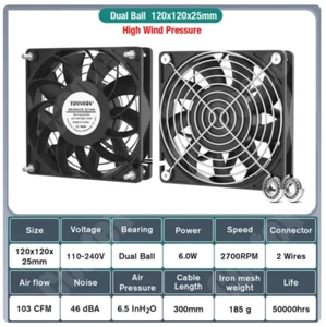 AC 12025 120Mm X 25mm 110V 120V Dual Ball Metal Cooling Axial Fan High Airflow - Picture 1 of 10
