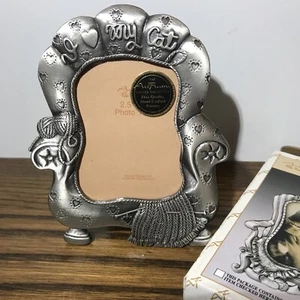 Fine Quality Embossed Pewter Mini 2.5x3.5 Easel Photo Frame I ❤️ My Cat Knitting - Picture 1 of 12