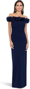 Xscape Long Scuba Crepe Off-The-Shoulder Dress Sz 10 Navy Blue Floral NEW NWT - Picture 1 of 6