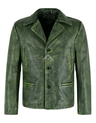 Mens 70's Green Vintage Classic Collared Blazer Real Cowhide Leather Jacket 4162 - Image 1 of 4