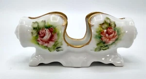 Soporte de palillo de dientes de porcelana de cerámica pintado a mano rosas rosadas dorado firmado de colección - Imagen 1 de 8