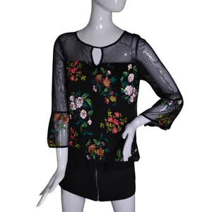 A Byer Mesh Blouse Large Multicolor Floral Print Round Neckline Bell Sleeves NWT - Picture 1 of 9
