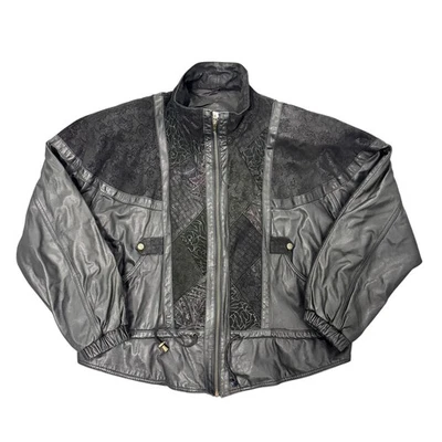 Vintage 90s Diana Mairs Retro Black Leather Patchwork Bomber Jacket Womens 2X - Image 1 of 4