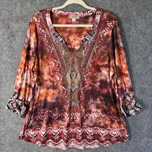 One World Top Women's 1X Multi Color Paisley Rhinestones 3/4 Sleeve BOHO - Picture 1 of 12