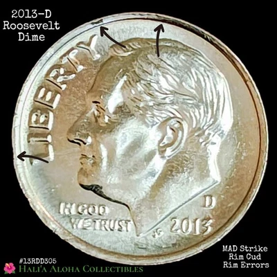 💠🪙💠Gem BU 2013 D Roosevelt Dime Off-Center MAD w/Rim Cud + Errors  - Image 1 of 4