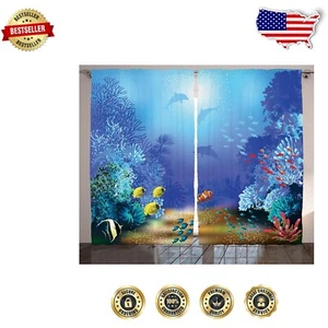 Elegant 108" x 90" Ocean Art Print Curtains with Dolphins & Goldfishes - Picture 1 of 2