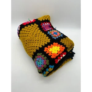 Afghan Crocheted Blanket Vintage Granny Square Handmade Yellow Rainbow 1970s - Picture 1 of 8