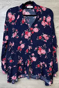 UMGEE Bluse Damen Extra Large dunkelblau weiß gepunktet & Rosen Knopfleiste Oberteil - Bild 1 von 8