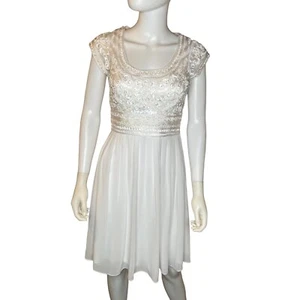 Sue Wong White Lace Front Chiffon Short Sleeve Cocktail Dress Sz 4 - Picture 1 of 8