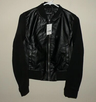 New Look Women’s Medium Full Zipper PU Softshell Jacket Knit Sleeves Black NWT - Image 1 of 3