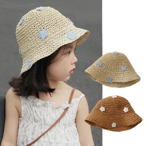 Girls Womens Summer Straw Sun Hat Flowers Kids Baby Anti-UV Holiday Beach Hats - Picture 1 of 16