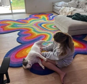 Multicolor rainbow Amoeba Irregular shaped hand tufted woolen rug 5x5/6x6 rug - Picture 1 of 7