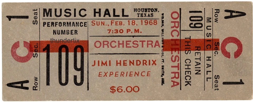 1 1968 JIMI HENDRIX UNUSED FULL CONCERT TICKET Houston Texas  laminated reprint - Image 1 of 1