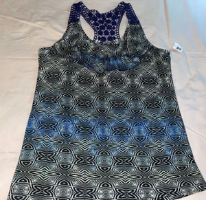 WOMEN'S BLACK, yellow ? PRINT TANK/CROCHET BACK by NO BOUNDARIES L/G NWT - Picture 1 of 10