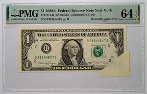 Billete de $1 de la Reserva Federal 1988A Nueva York PMG Ch UNC 64 EPQ error de plegado mariposa - Imagen 1 de 3