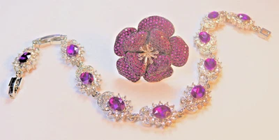 Anillo y Pulsera Flor Morada Plata, Anillo Talla 7, Ajustable Foto 1 de 4