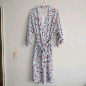 Garnet Hill Robe Womens S/M*Blue Pink Floral Asian Wrap Kimono Organic Cotton - Picture 1 of 9