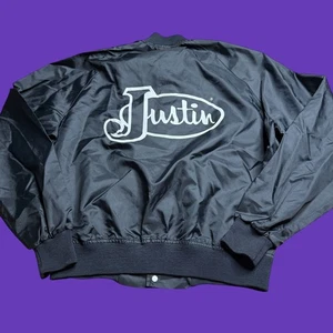 Vintage Chalk Line Justin Boots Satin Windbreaker Jacket Size Large Black White - Picture 1 of 9