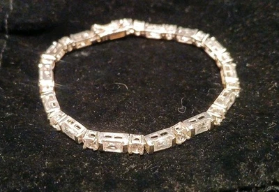 925 Sterling Silver Tennis Bracelet With Baguettes & Round Diamond Cut Clear CZ - Image 1 of 4