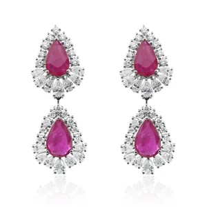 14.19 Tcw Ruby Gemstone SI/H Diamond Dangle Drop Earrings 18k White Gold - Picture 1 of 11